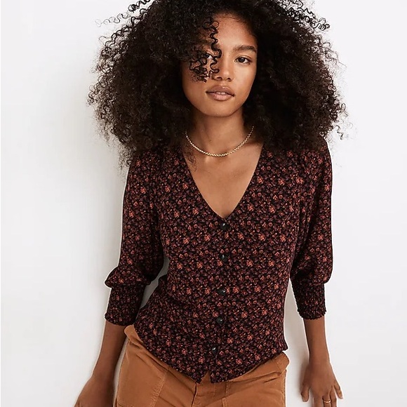 (Re)sourced Georgette Smocked-Cuff Button-Front Top in Orchard Floral - Picture 4 of 5